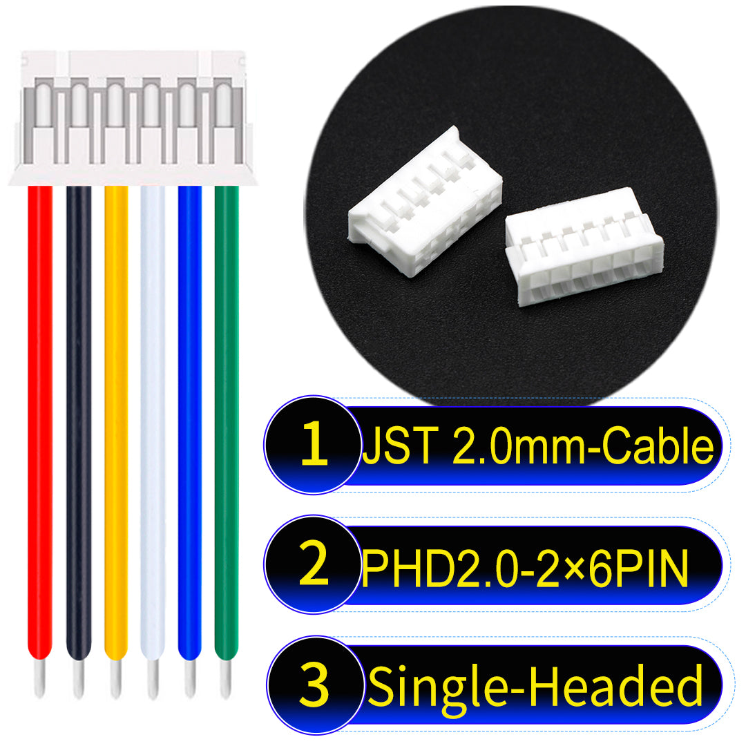 JST PHD2.0 dual-row 2×6Pin Single-Headed cable, 2.0mm pitch, UL1007-certified PVC, ensuring secure and high-density connections for various applications.