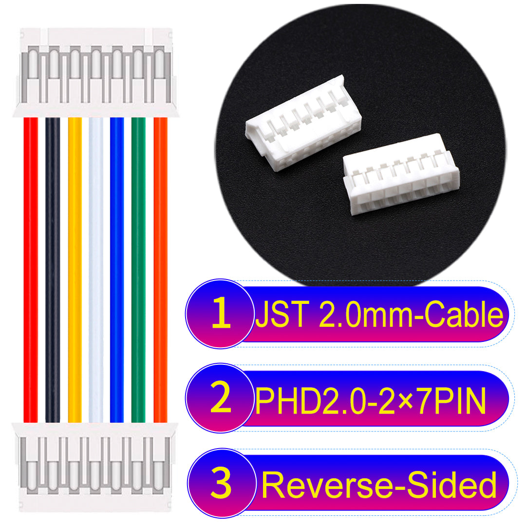 JST PHD2.0 dual-row 2×7Pin Reverse-Side-Head cable, 2.0mm pitch, UL1007-certified PVC, ensuring secure and high-density connections for various applications.