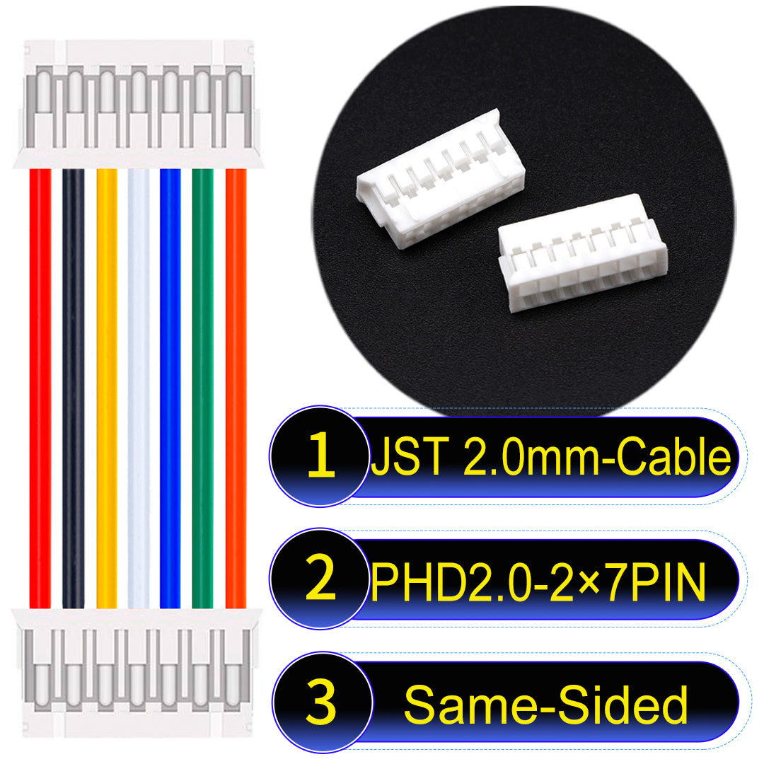 High-quality JST PHD2.0 dual-row 2×7Pin Same-Side-Head cable, 22AWG UL1007 material, 2.0mm pitch, perfect for LED, sensors, and industrial devices.