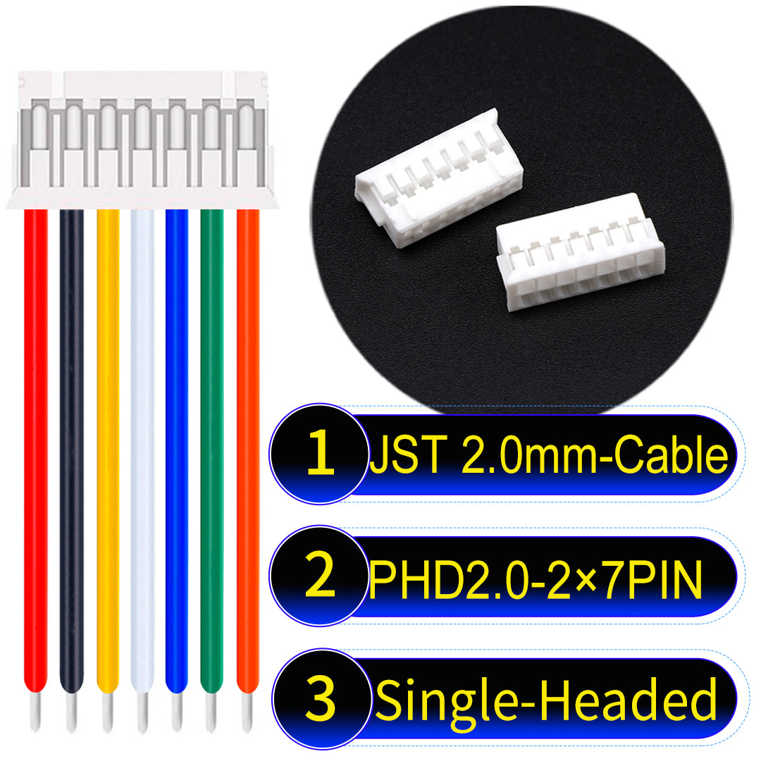 JST PHD2.0 dual-row 2×7Pin Single-Headed cable, 2.0mm pitch, UL1007-certified PVC, ensuring secure and high-density connections for various applications.