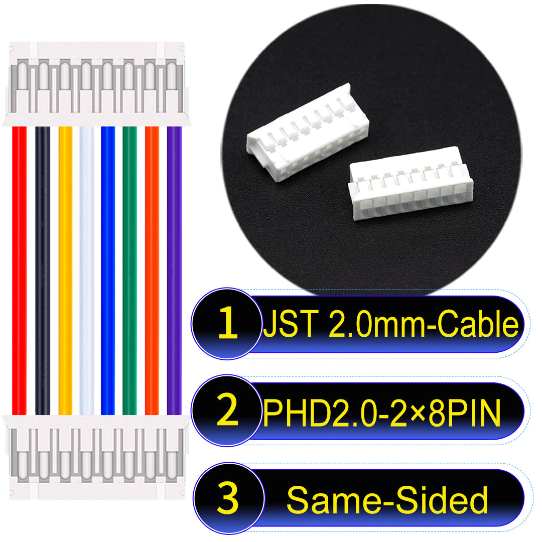 High-quality JST PHD2.0 dual-row 2×8Pin Same-Side-Head cable, 22AWG UL1007 material, 2.0mm pitch, perfect for LED, sensors, and industrial devices.