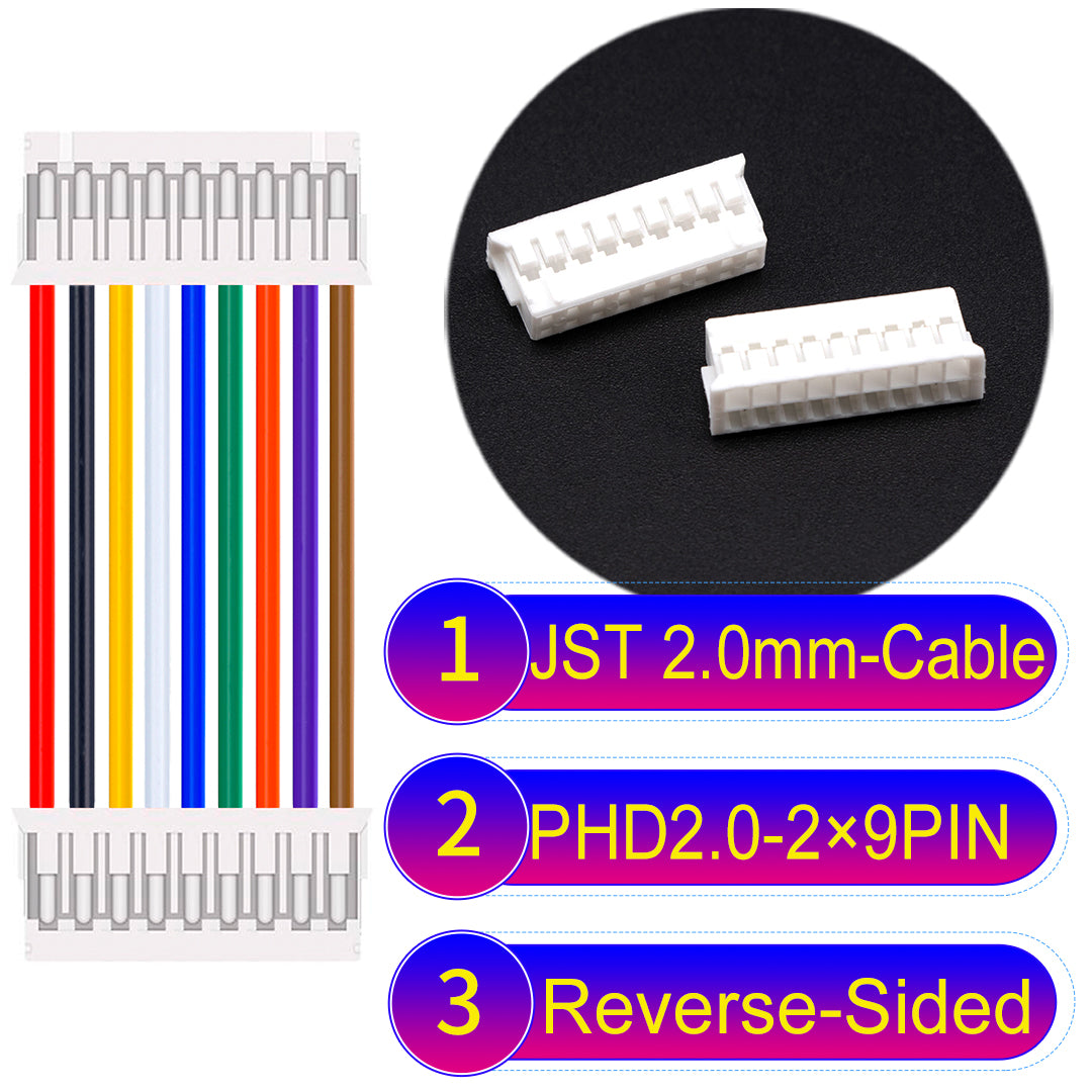 JST PHD2.0 dual-row 2×9Pin Reverse-Side-Head cable, 2.0mm pitch, UL1007-certified PVC, ensuring secure and high-density connections for various applications.