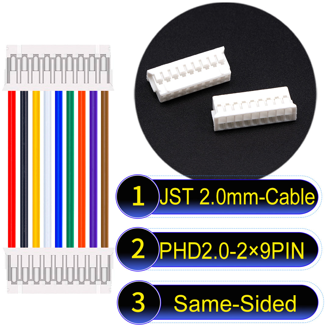 High-quality JST PHD2.0 dual-row 2×9Pin Same-Side-Head cable, 22AWG UL1007 material, 2.0mm pitch, perfect for LED, sensors, and industrial devices.