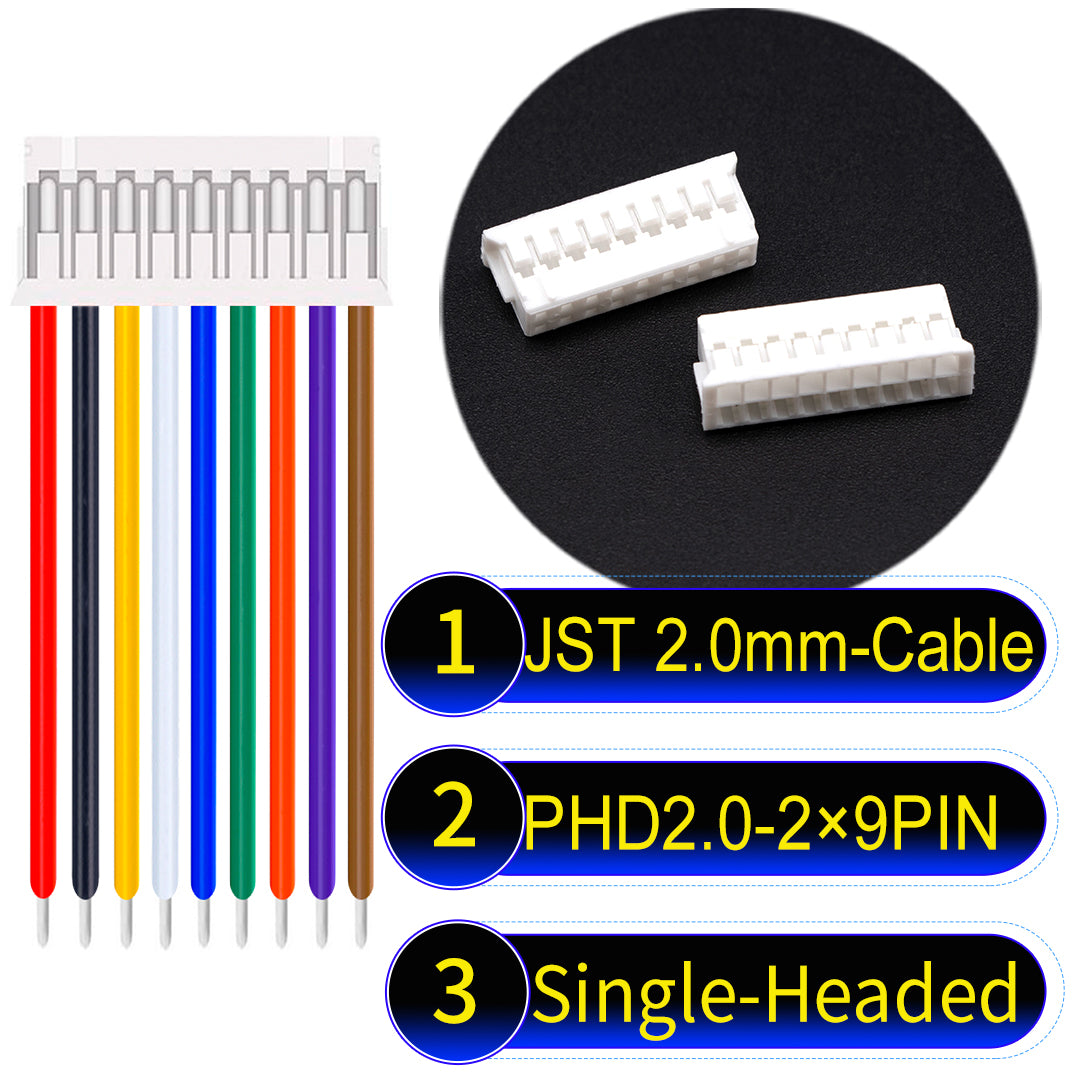 JST PHD2.0 dual-row 2×9Pin Single-Headed cable, 2.0mm pitch, UL1007-certified PVC, ensuring secure and high-density connections for various applications.