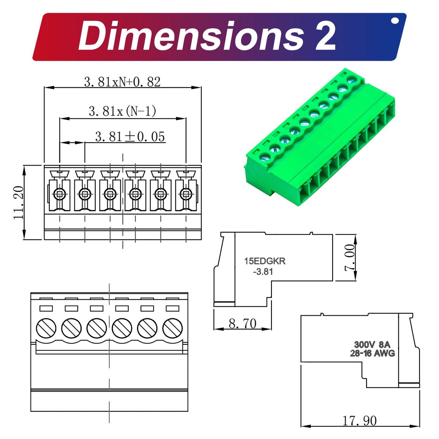 Dimensional drawing of 3.81mm Phoenix female connector