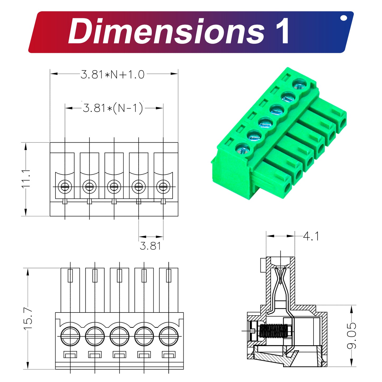Dimensional drawing of 3.81mm Phoenix male header