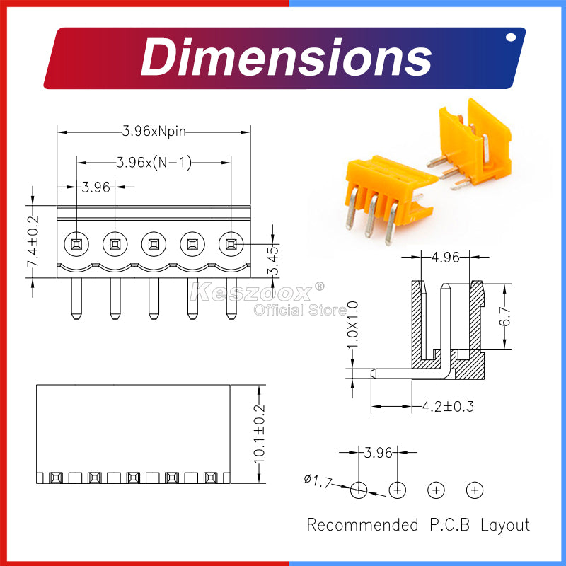 Size diagram for angled pin header