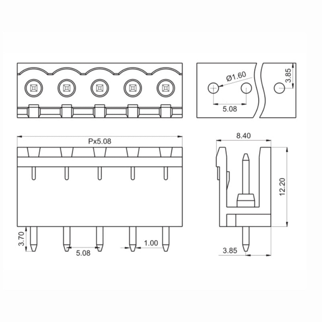 Technical drawing of 5.08mm Phoenix straight header with pin spacing