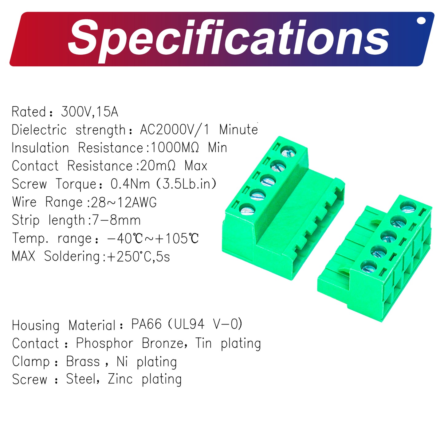 Assembled 5.08mm plug and header terminal block set