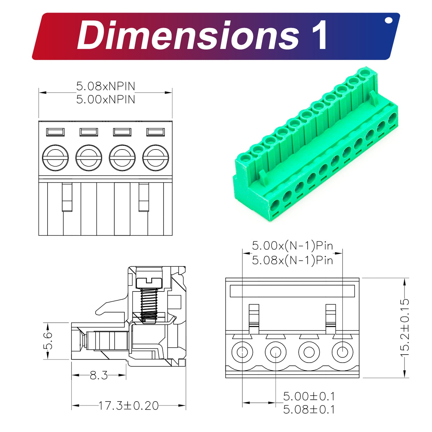 Terminal block 5.08mm size drawing