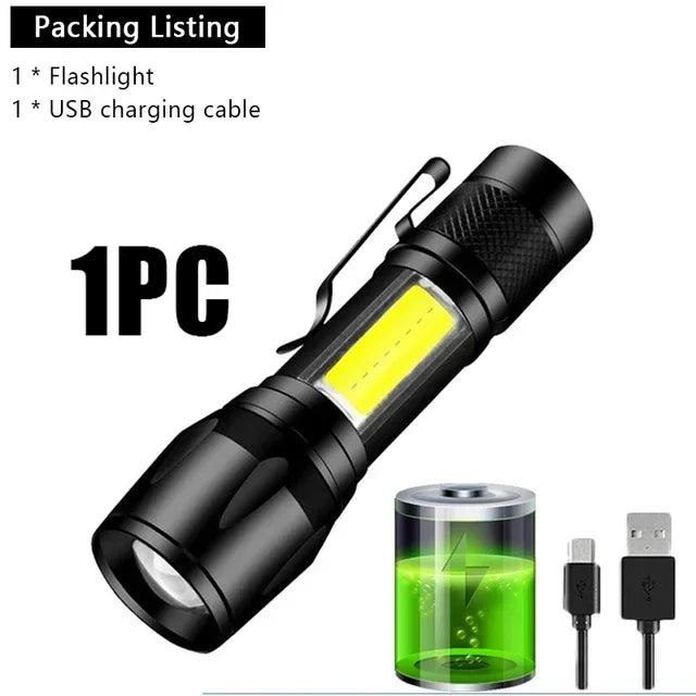 COB+XPE Mini LED Pocket Flashlight with Pen Clip Portable USB Rechargeable Torch Outdoor Zoomable Light Tactical Lantern Lamp