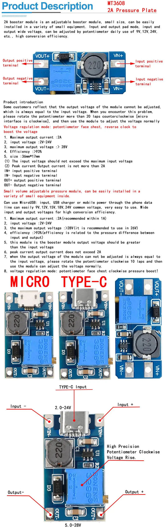 3PCS MT3608 DC-DC Step-Up Converter Booster Module 28V 2A Power Supply