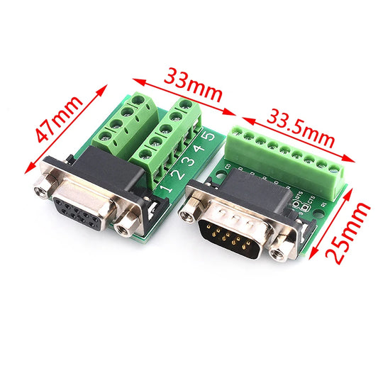 D-Sub 9-Pin DB9 RS232 Serial to Terminal Adapter Connector Breakout Board, Female and Male