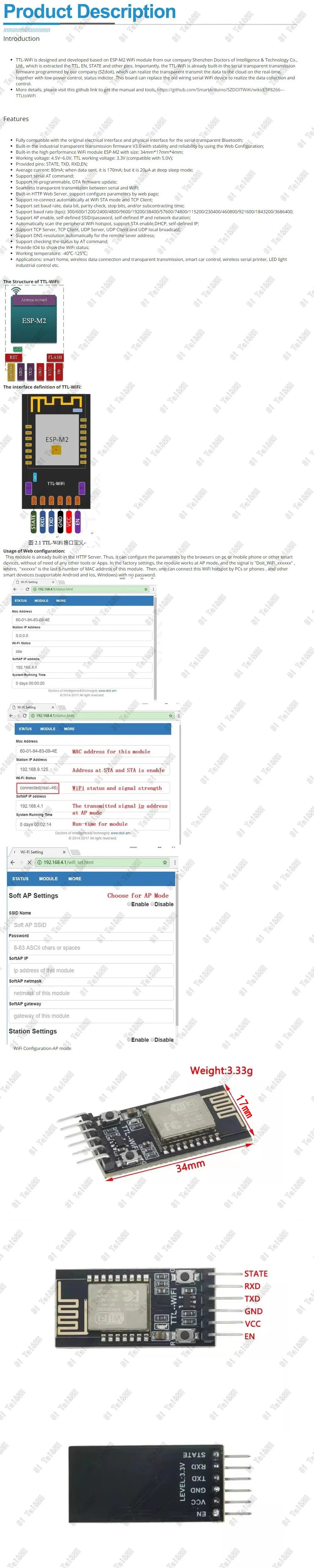 DT-06 WiFi Serial TTL Module – Transparent Transmission, Bluetooth HC-06 Compatible, ESP-M2