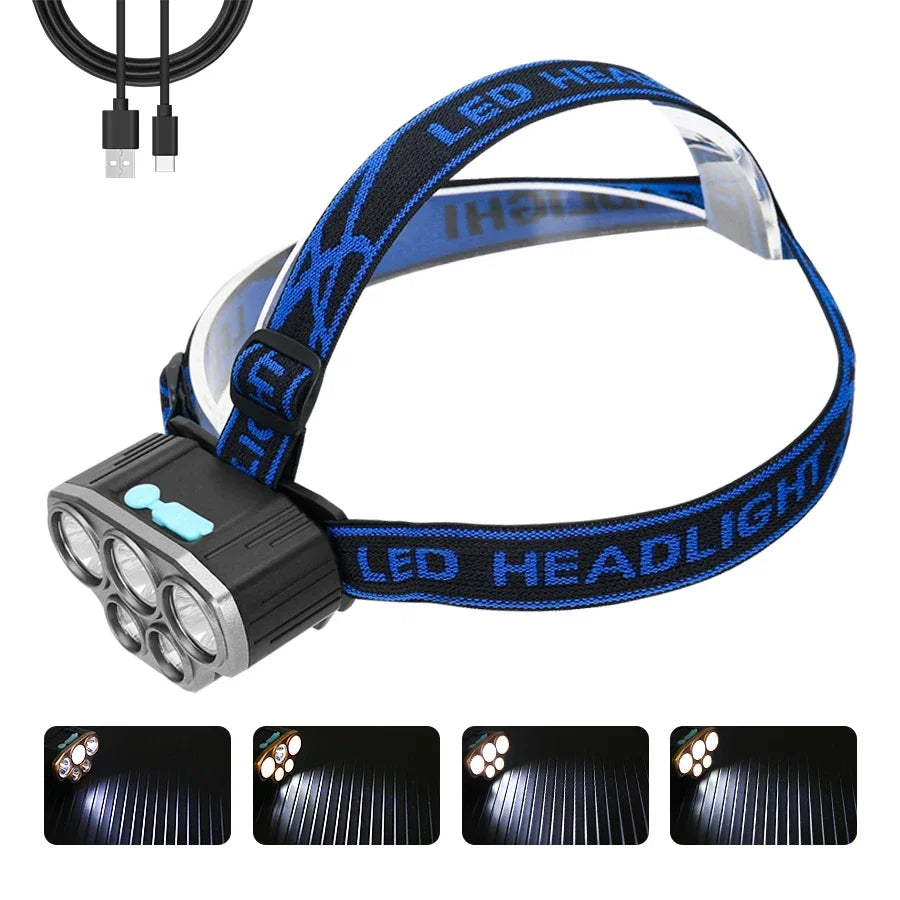 Rechargeable Ultra Bright Powerful 5 LED Headlight Waterproof Headlight Outdoor Camping Running Lighting 18650 Battery Spotlight