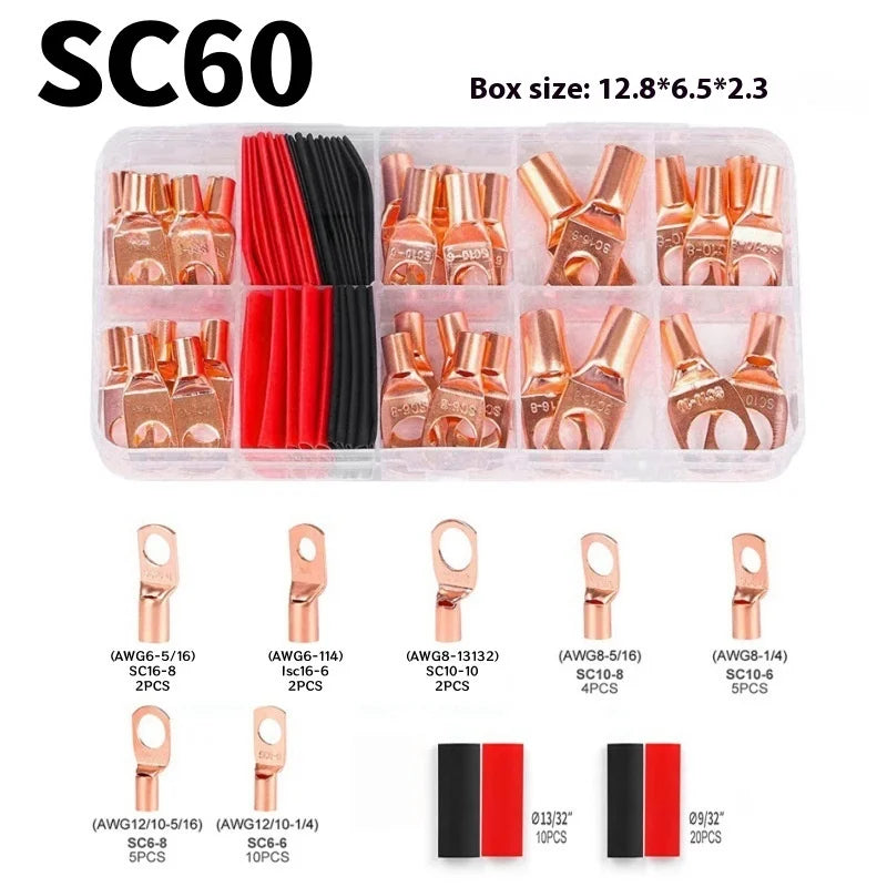 Copper Ring Terminal Lug Kit AWG 4–12 with Heat Shrink Tubing 60/100/130PCS | Battery Cable Connector Set