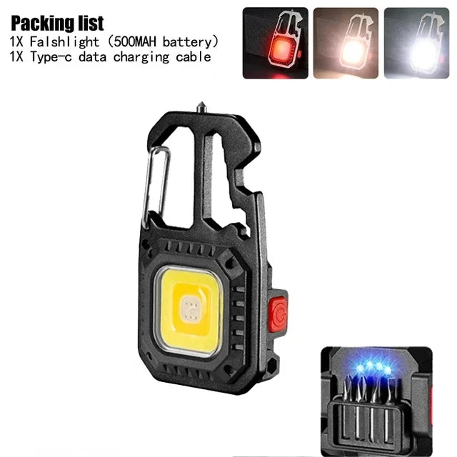 Mini Multifunctional Keychain LED Flashlight USB Rechargeable Portable Flashlight Outdoor Camping Torch Emergency Lantern 500Mah