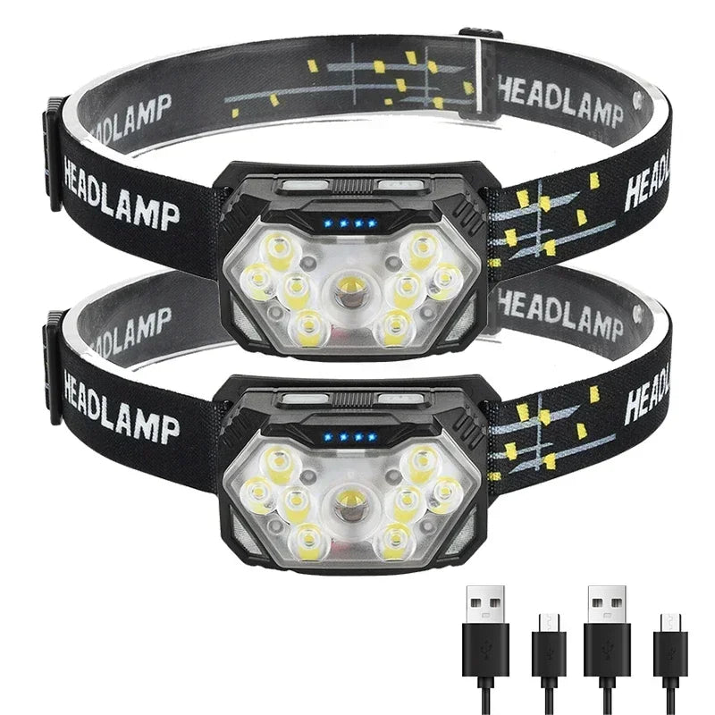 Powerful LED Sensor Headlamp USB Rechargeable Head Torch with Built-in Battery