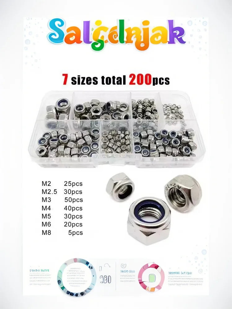 200pcs 304 Stainless Steel Nylock Hex Nut Assortment Kit