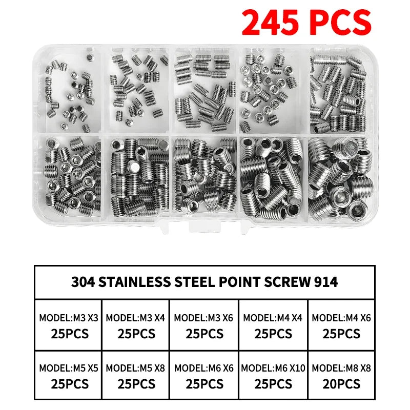 DIN914 304 Stainless Steel Hex Socket Point Grub Screws Set M3 M4 M5 M6 M8 M10 High Hardness Assortment