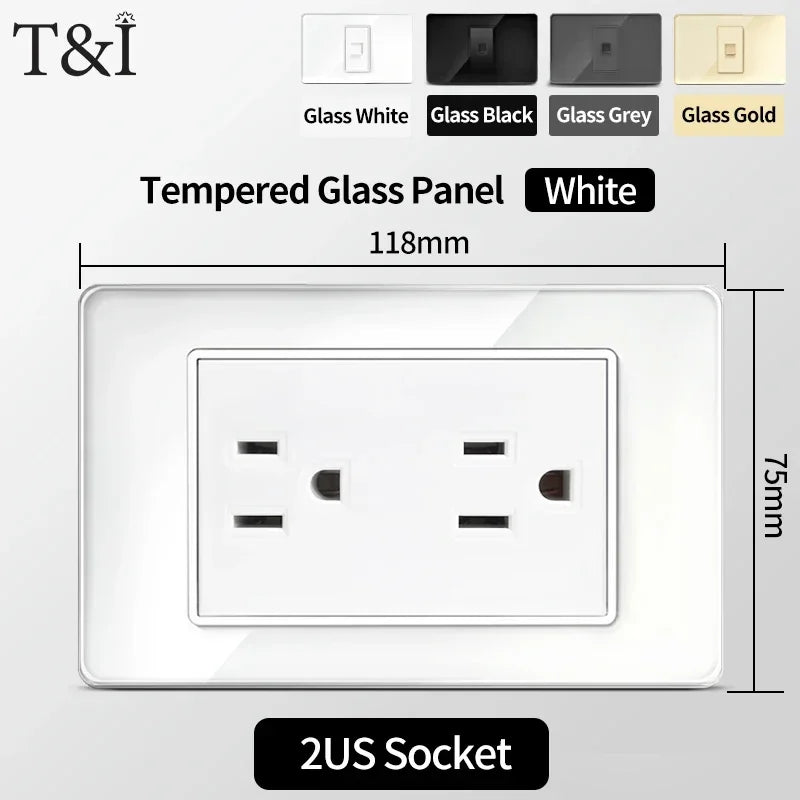 118x75mm Tempered Glass US Thai Socket Dual USB-C Ports 2 AC Outlets 110V Scratch-Resistant Panel