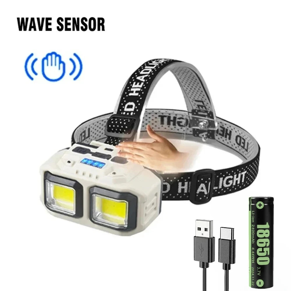 COB LED Induction Headlamp USB Rechargeable 5 Mode 18650 Headlight