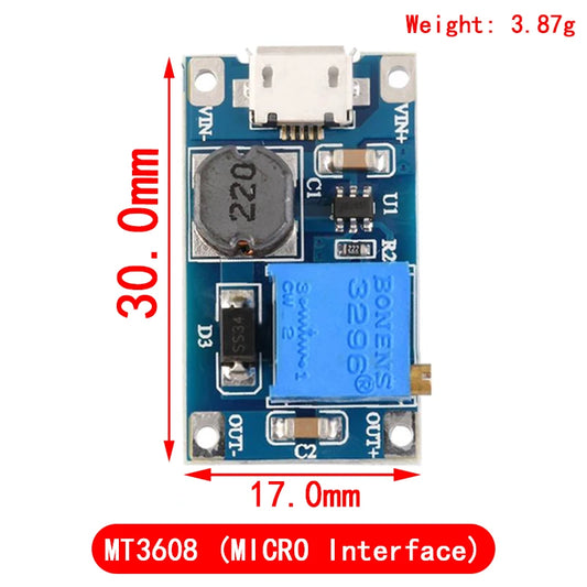 MT3608 DC-DC Step-Up Boost Converter Module — 2–24V to 5–28V, 2A, Adjustable (3-Pack)