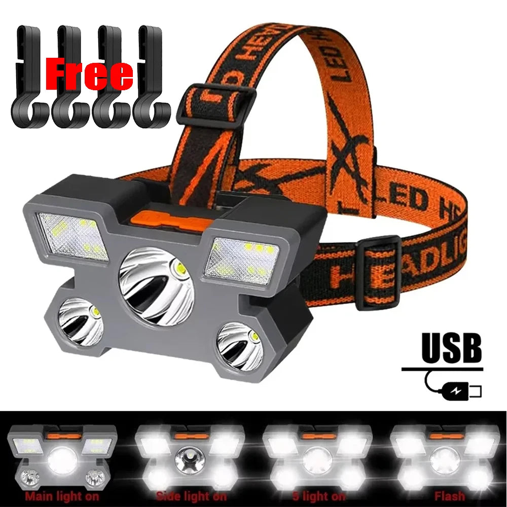 5 LED High Power Headlamp Portable Rechargeable HeadLight Built-in Battery Flashlight Outdoor Working Light for Fishing Camping