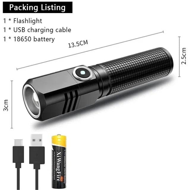 Mini LED Flashlight Super Bright Zoom Tactical USB Rechargeable Torch