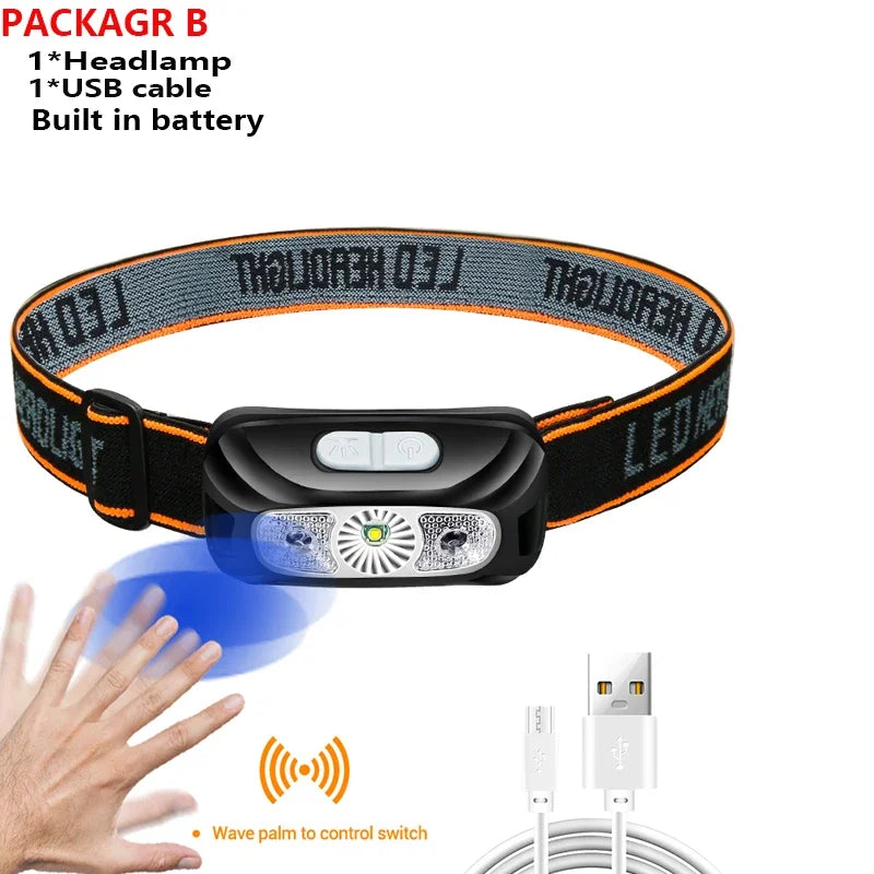 USB Rechargeable Sensor Headlamp LED Head Torch Built-in Battery Head Flashlight for Outdoor Camping Fishing Headlight Lantern