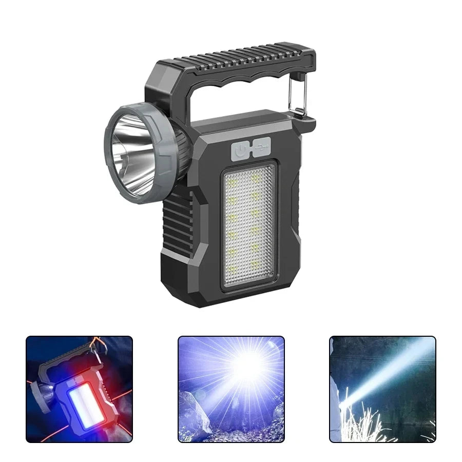 USB Rechargeable Solar LED Flashlight with COB Work Light 4 Gear Camping Lamp