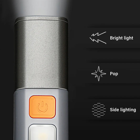 Portable Strong Light LED Zoom Flashlamp Built-in Battery USB Rechargeable with Hook Camping Hanging Lamp COB Side Lamp