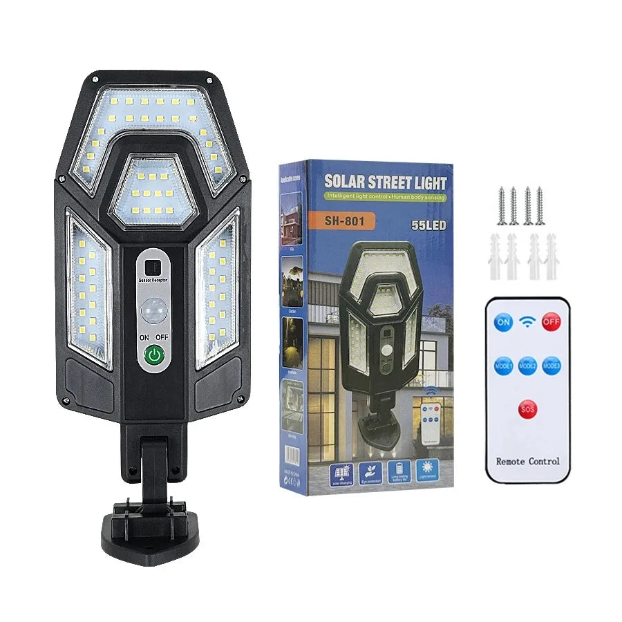 55-LED Solar Wall Lamp Outdoor Motion Sensor 320° Wide Angle IPX65 Waterproof with Remote Control | Garden Security Light
