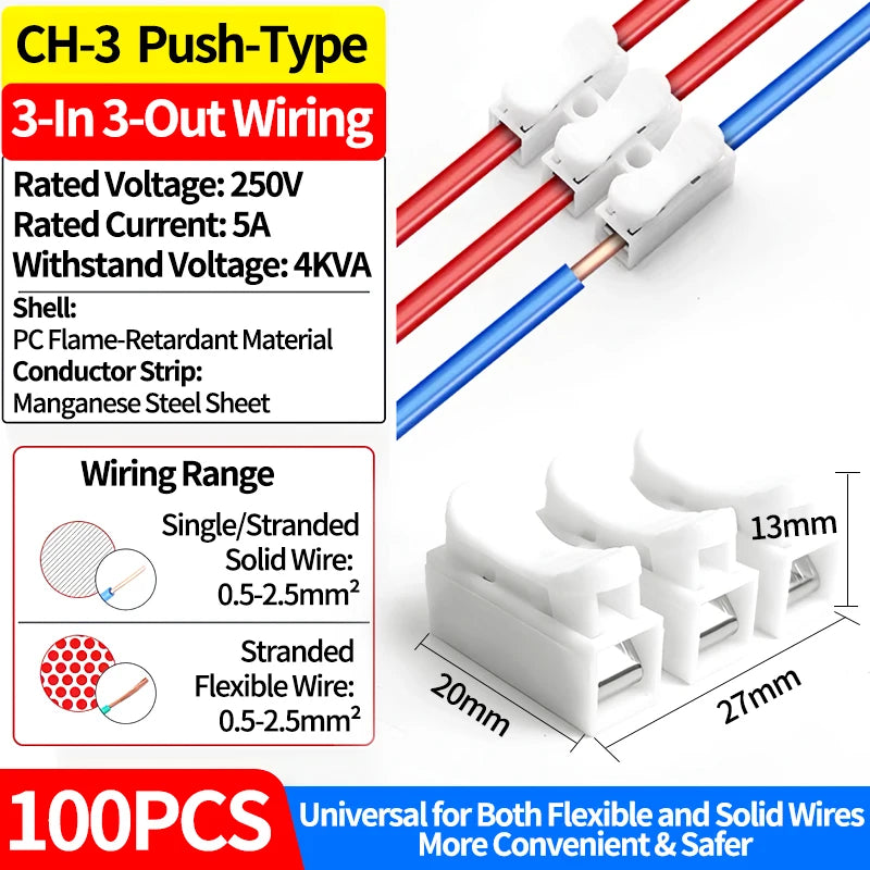 CH2 CH3 Quick Push Wire Connector 2Pin 3Pin Spring Loaded Terminal Block Flame Retardant Electrical Connector for Wiring