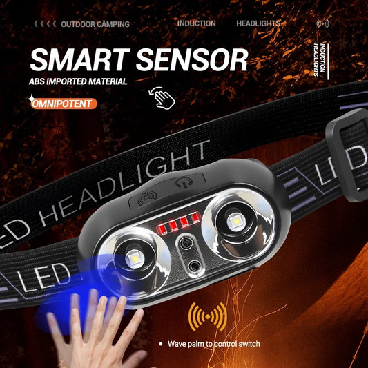 Portable Sensor HeadLamp USB Rechargeable Induction Headlight Front Light Torch for Camping Fishing Hiking Emergency Lantern
