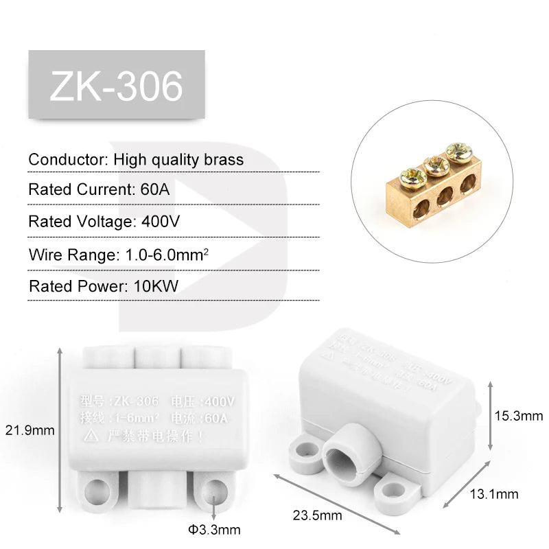 High Power 1 in Multiple Out Cable Splicing Wire Connector Screw Wiring Terminal Block 60A/400V 1-6mm² 80A/1000V 2.5-16mm²