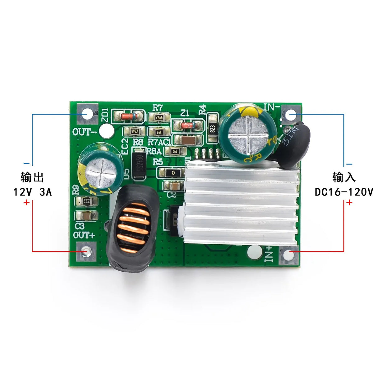 DC-DC Step-Down Buck Converter Module — 9–120V to 5V / 12V, 3A, 96% Efficiency, with Heat Sink