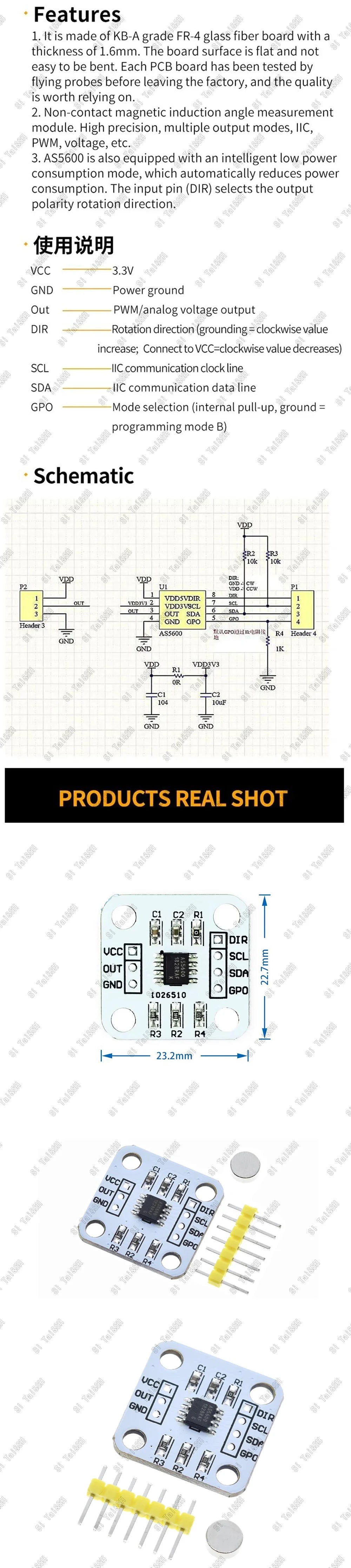 AS5600 Magnetic Encoder Sensor Module 12-Bit High Precision Angle Measurement