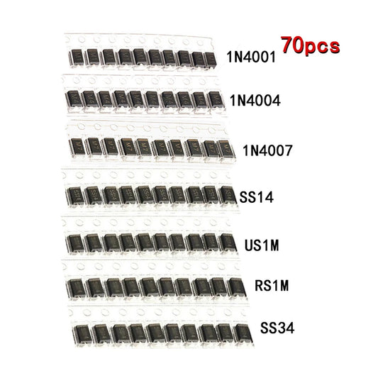 70pcs/lot SMD and Standard Diode Assortment Kit 7 Values 1N4001–1N4007 SS14 US1M RS1M SS34