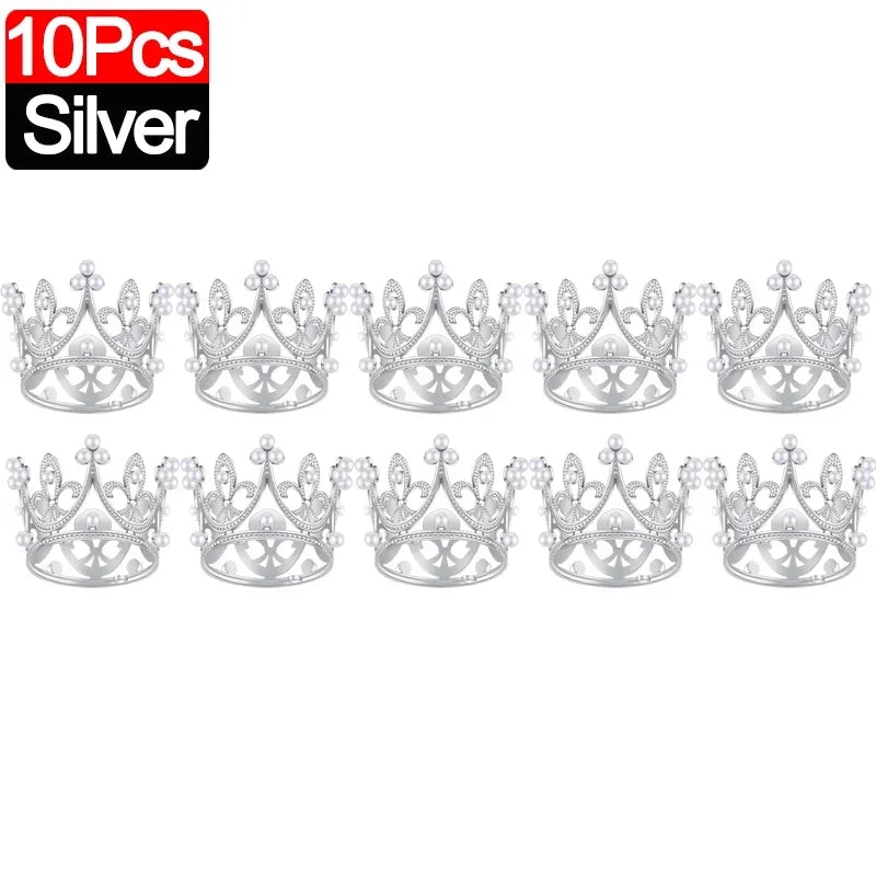 10/1Pcs Mini Crown Cake Decoration Princess Topper Pearl Tiara Children Hair Ornaments for Wedding Birthday Party Cake Decor