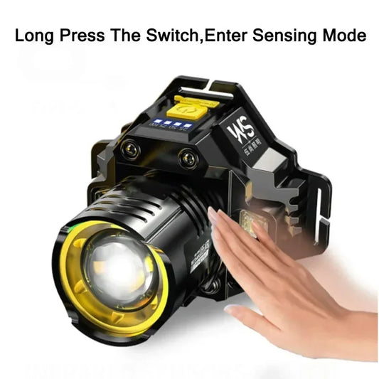 Powerful Motion Sensor LED Headlamp Rechargeable COB Head Flashlights Outdoor Camping Headlight Telescopic Zoomable Head Lamp