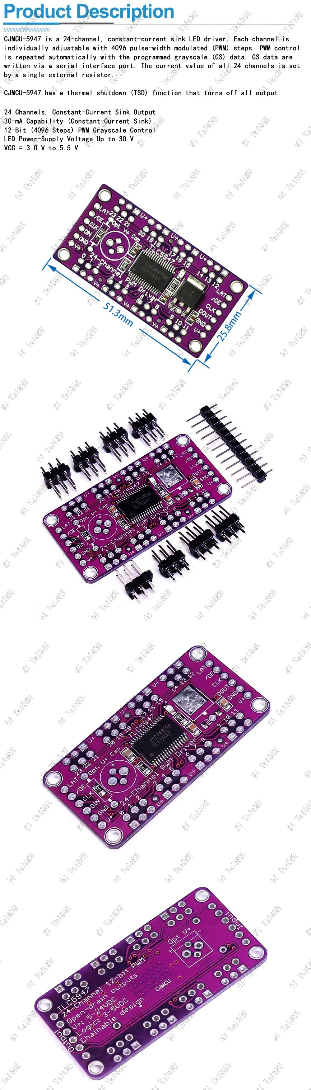 TLC5947 24-Channel 12-Bit PWM LED Driver Module – Internal Oscillator 3-5.5V