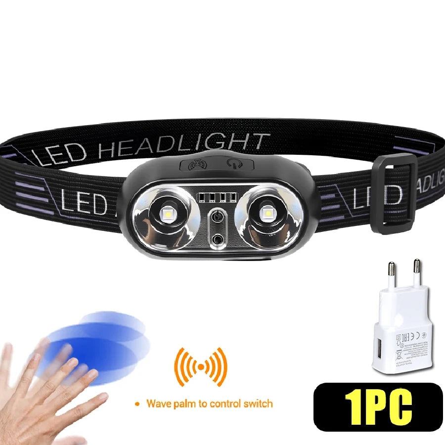 Portable Sensor HeadLamp USB Rechargeable Induction Headlight Front Light Torch for Camping Fishing Hiking Emergency Lantern