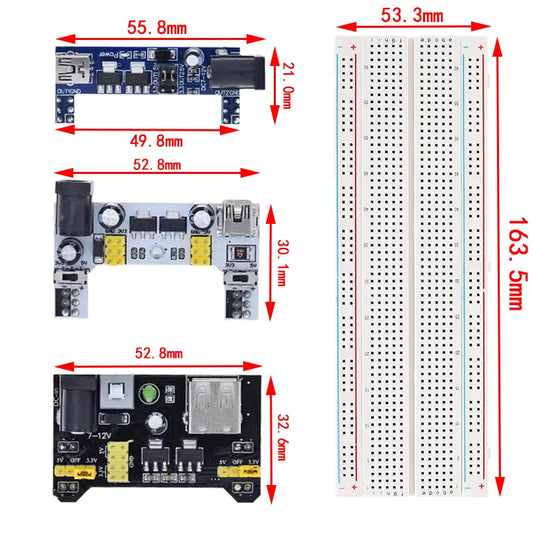 MB102 3.3V/5V Breadboard Power Module with 830-Point Prototype Breadboard and Jumper Wires Kit for Arduino