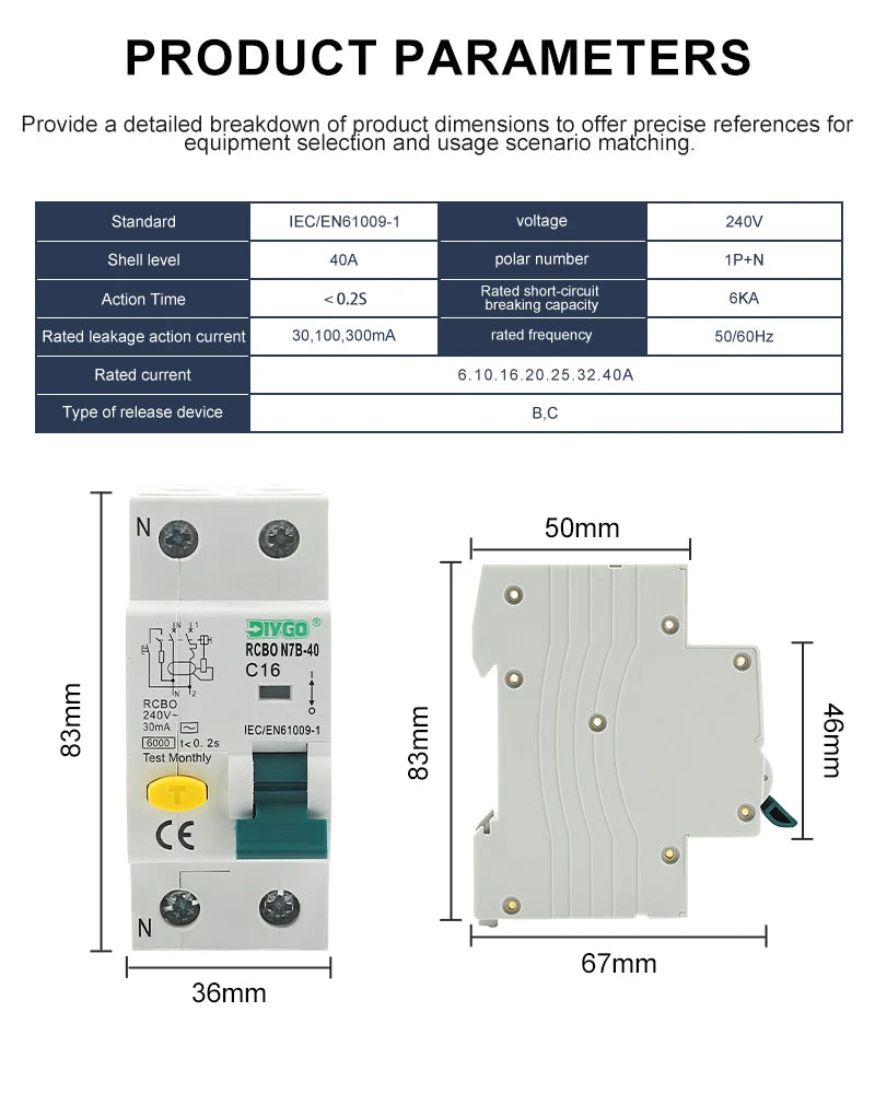 RCBO Electro-Magnetic Type Residual Current Circuit Breaker 2P 1P+N, Overcurrent and Leakage Protection 50/60Hz