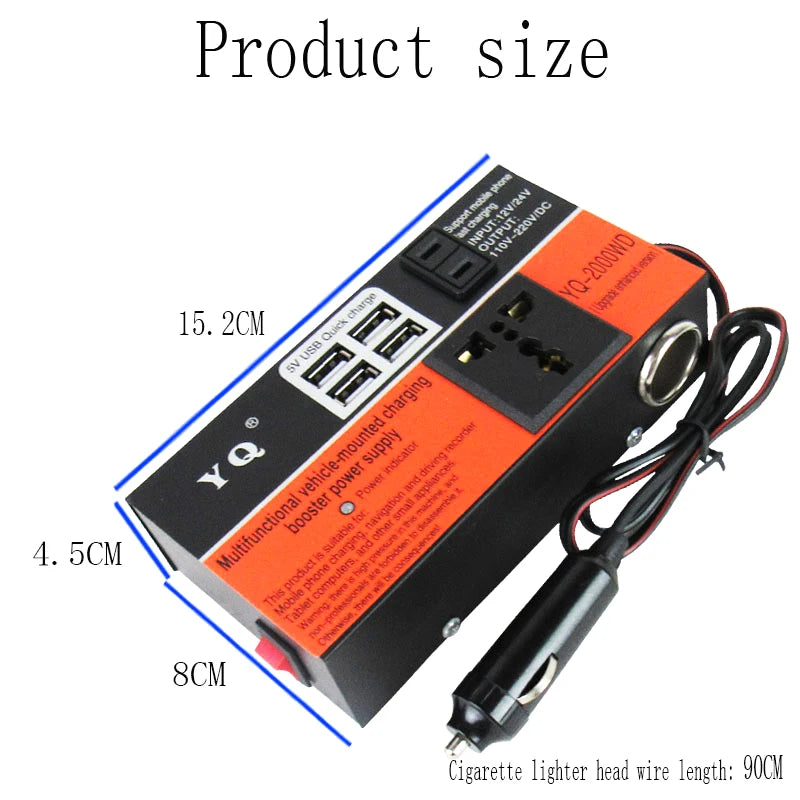 New Car Inverter Car Power Inverter 2000W DC 12V/24V To DC 110V/220V Converter Trip 4 USB Overload Protection