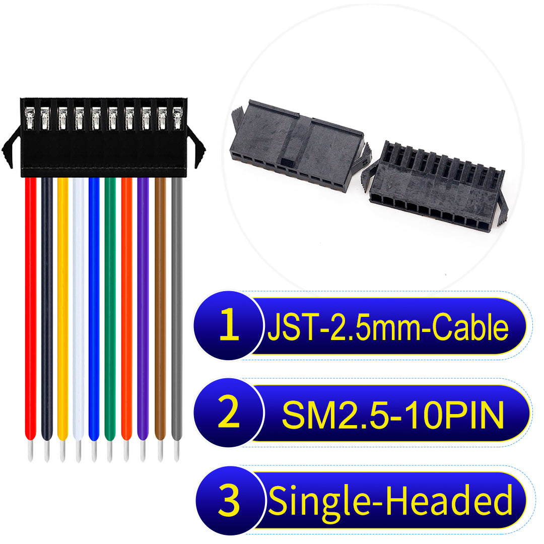 JST SM2.54 10Pin Single-Headed cable, 2.54mm pitch, UL1007-certified, designed for LED lighting, power modules, and industrial applications.