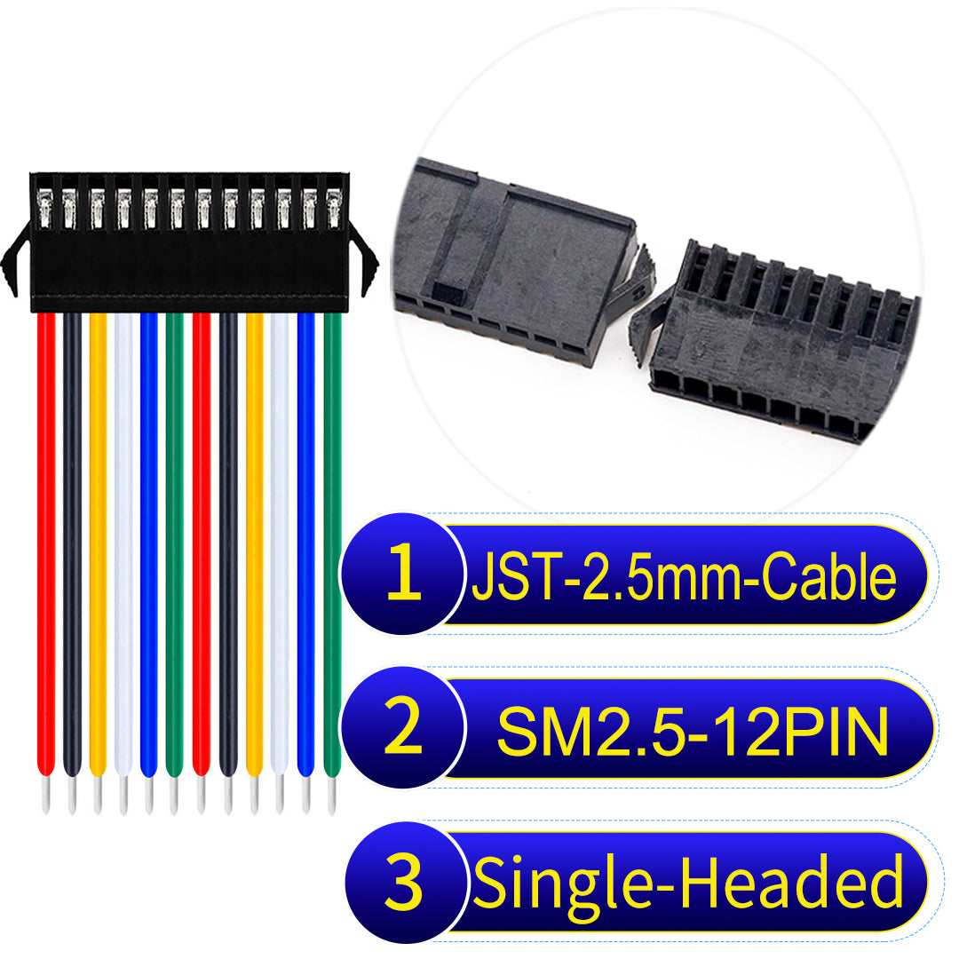 JST SM2.54 12Pin Single-Headed cable, 2.54mm pitch, UL1007-certified, designed for LED lighting, power modules, and industrial applications.
