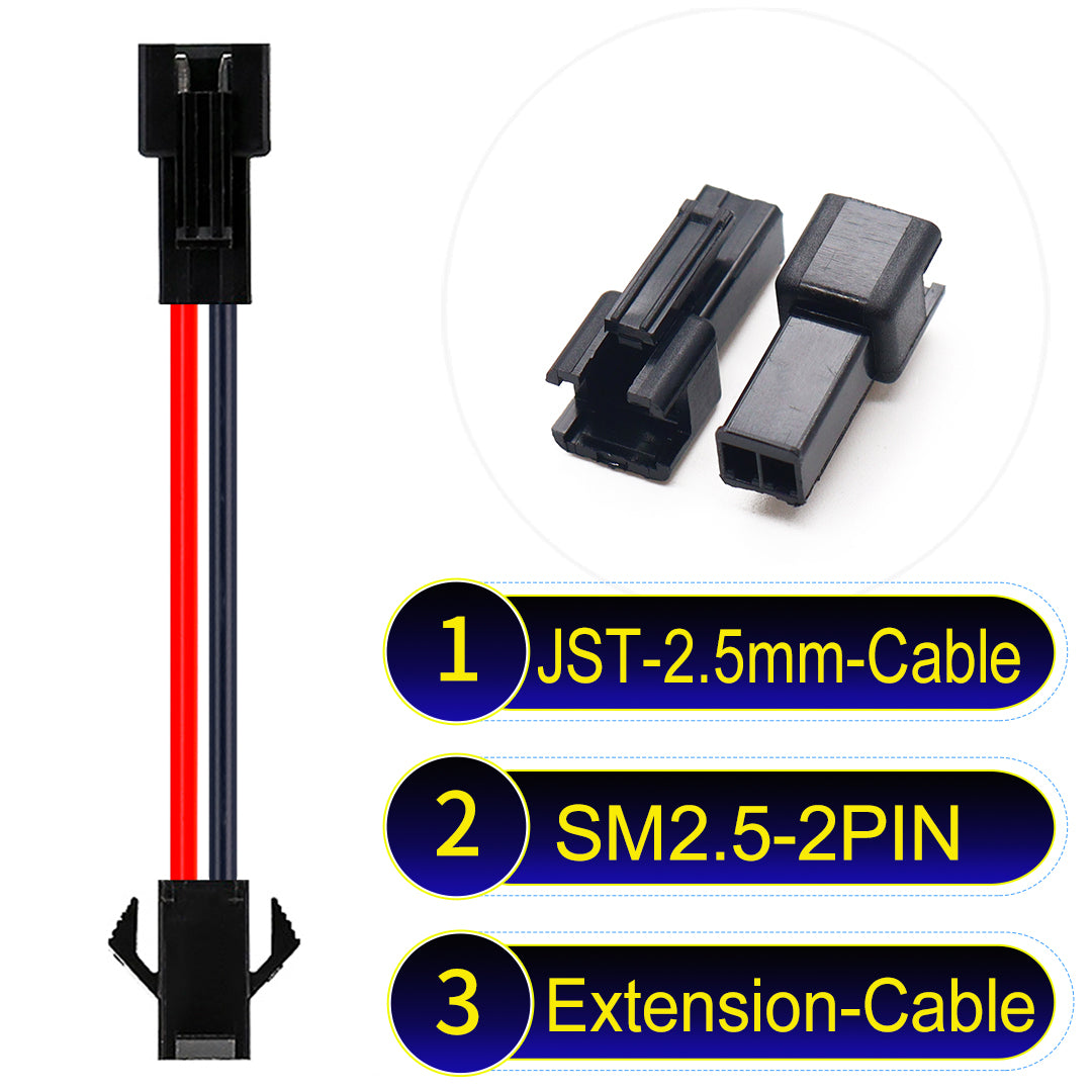 JST SM2.54 2Pin Male Female Extension Cable, 2.54mm pitch, UL1007-certified, designed for LED lighting, power modules, and industrial applications.