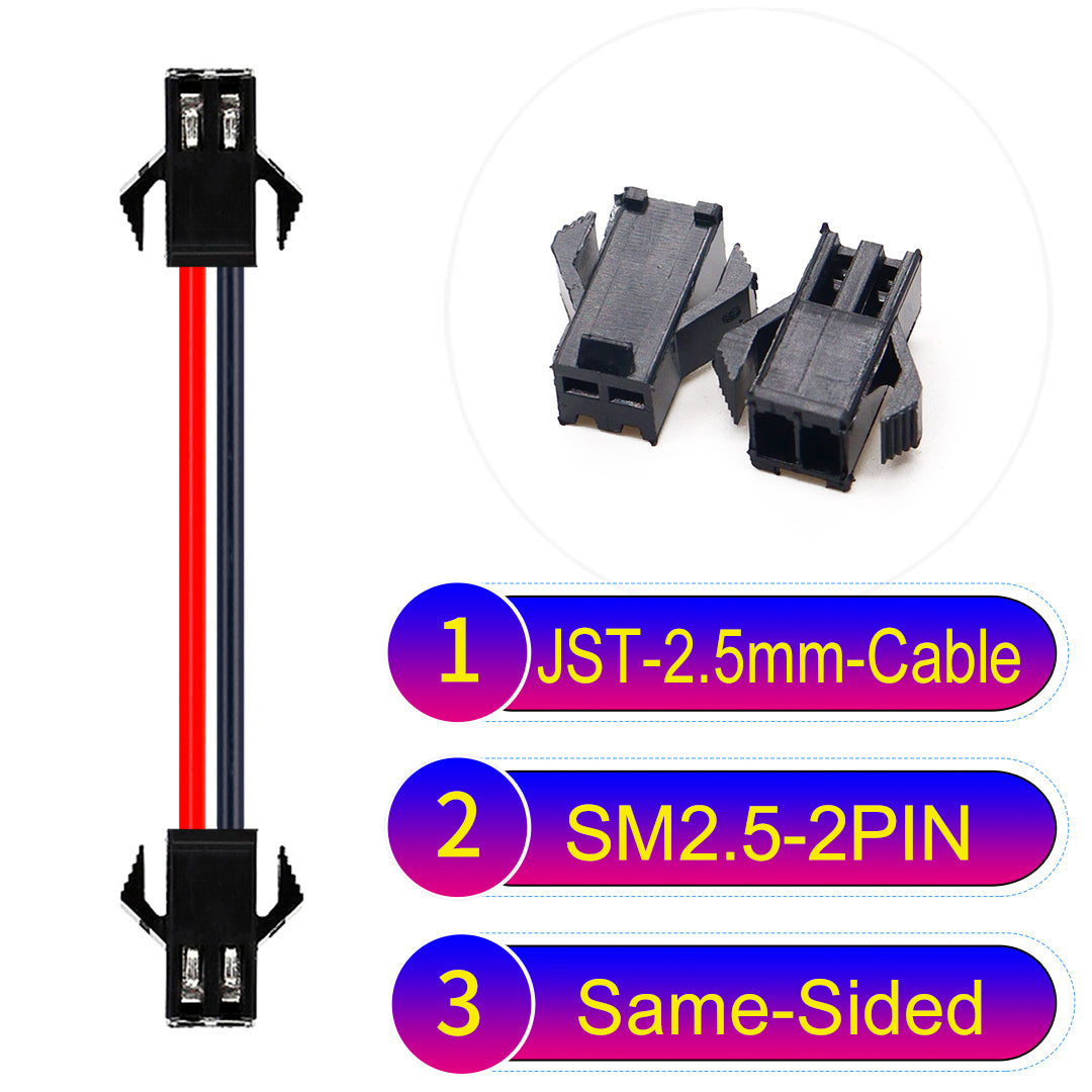 JST SM2.54 2Pin Male Same-Side-Head Cable, 2.54mm pitch, UL1007-certified, designed for LED lighting, power modules, and industrial applications.